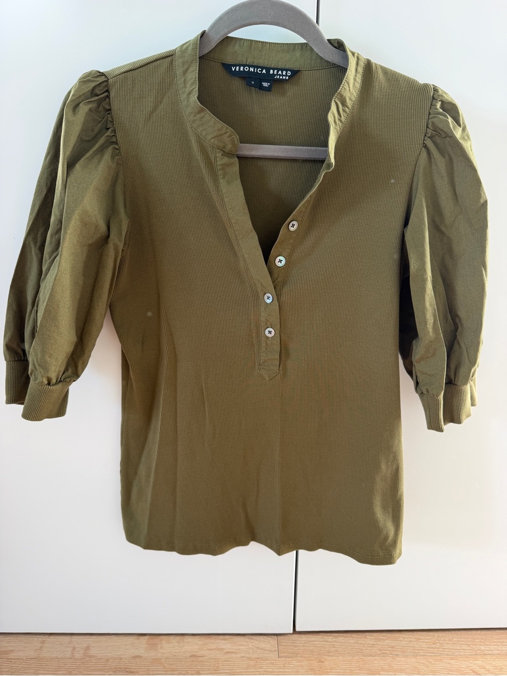 Veronica Beard Olive Puff-Sleeve Henley Top